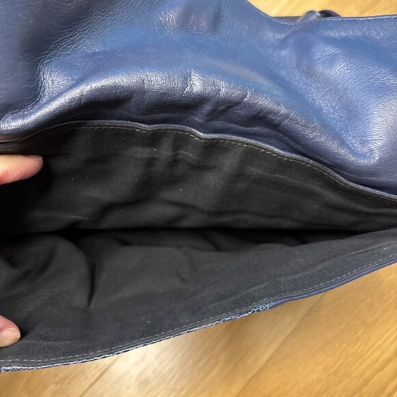 Balenciaga Ostrich Leg Navy Perforated Leather Shoulder Dual Bag Gold Buttons - Picture 4 of 8